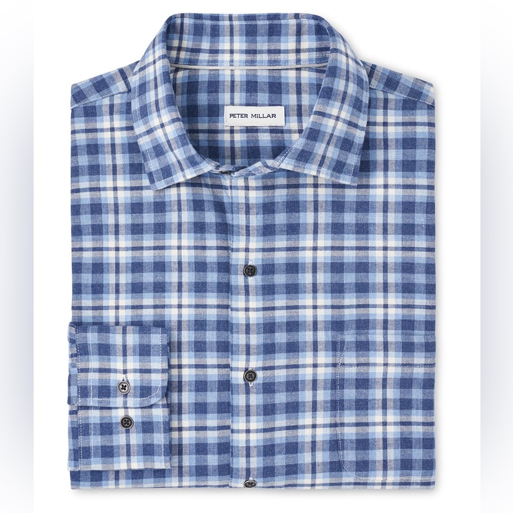 Peter Millar Ocean Blue Gander Woven Cotton Sport Shirt MF24W64LT Plaid